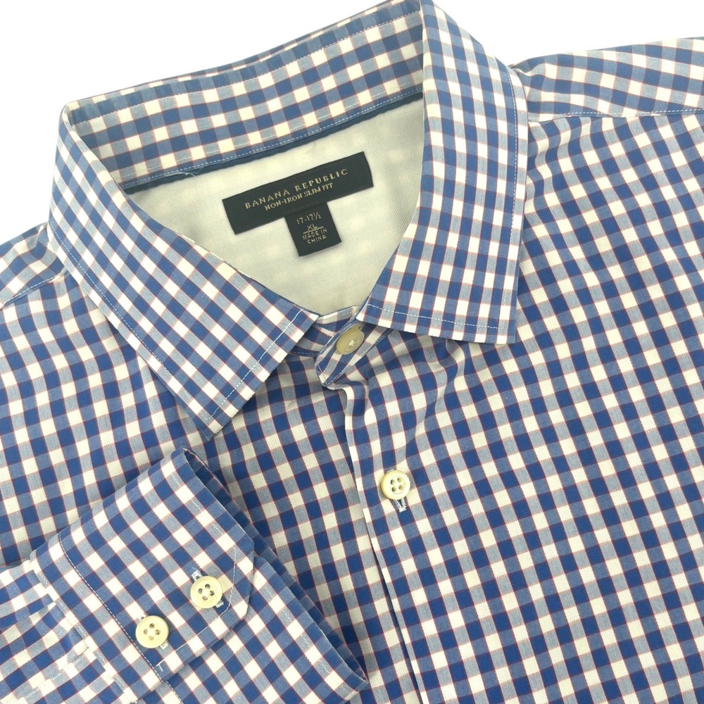Banana Republic Mens XL Slim Fit Non-Iron Blue Gingham Cotton Shirt 407756-00